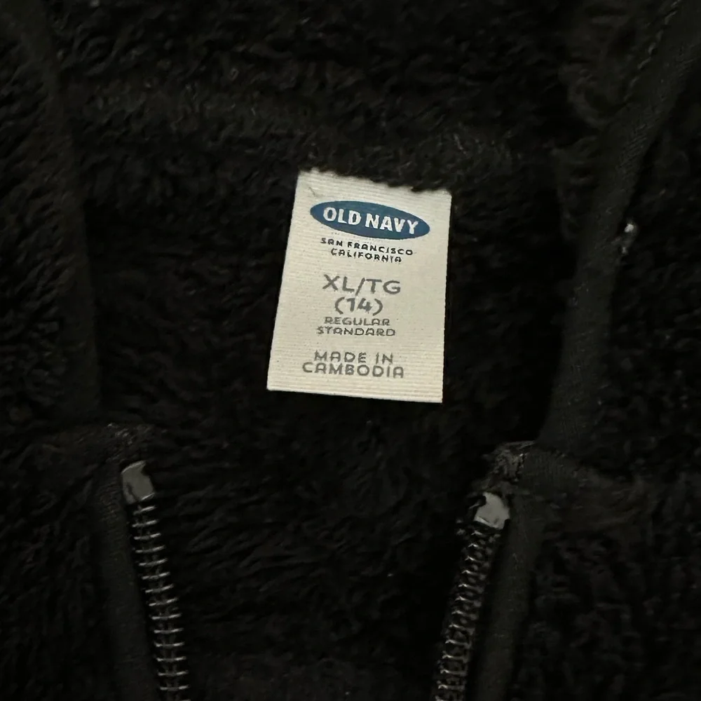 Old Navy Fuzzy Full Zip Hooded Jacket in Black Jack Size XL 14 Girls